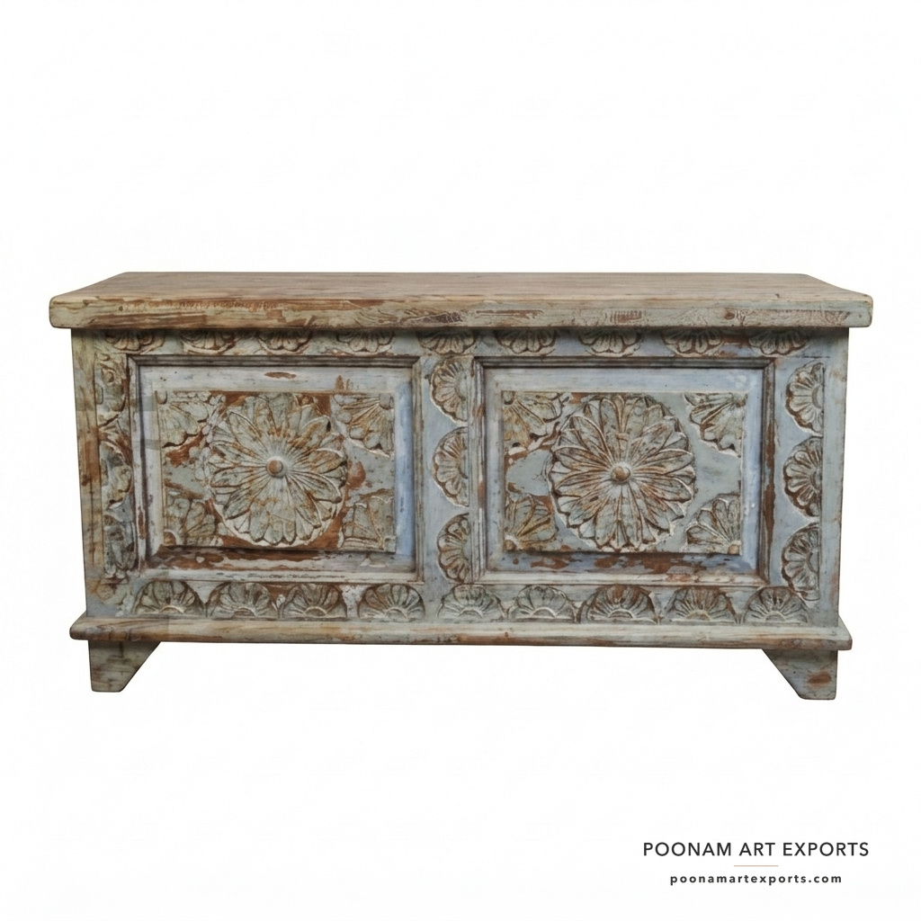 Vintage Boho Chic Carved Storage Trunk